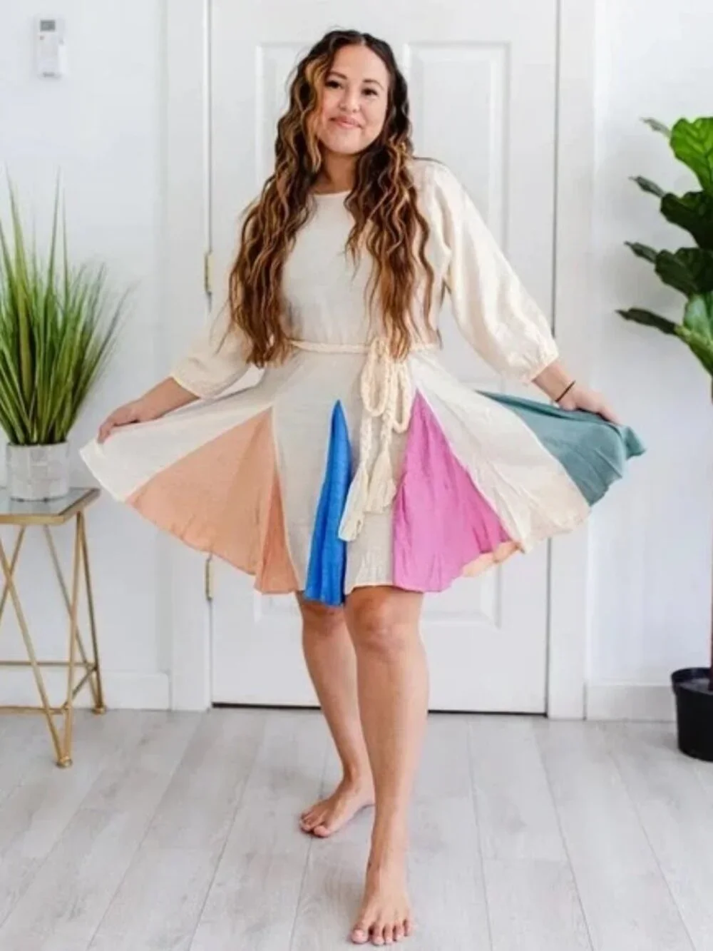 ODDI Rainbow Colorblock Panel Belted Swing Mini Dress - Picture 2 of 11